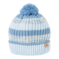 A striped blue beanie with a pom-pom sits upright with knit texture visible the context is a simple white background highlighting the hat's design and color.