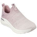 A light pink slip-on sneaker sits angled to show its knitted upper and white sole featuring ventilation. The shoe's design emphasizes comfort and casual style suitable for everyday wear.