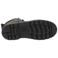 A black boot sole with a rugged tread pattern features the brand name "CATERPILLAR" in yellow and a logo marked "CAT" indicating durable design intended for work or outdoor environments.