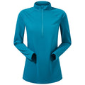 A teal long-sleeve athletic top features a quarter zip at the neck and has two hand pockets located on the front sides, set against a plain white background.