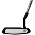 A golf putter is positioned upright showcasing its metallic shaft and a black and white head featuring a red circular logo on one side in a plain background.