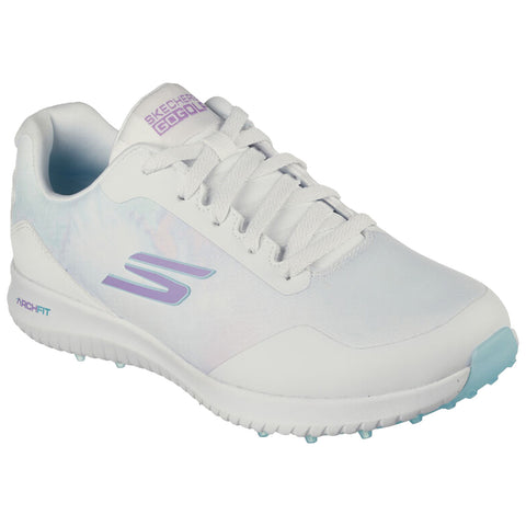 Skechers Ladies Max 2 Splash Golf Shoes 123068 Two pairs of golf shoes are displayed with a predominantly white pair on top and a gray pair below featuring shades of light purple. Both pairs include laces and brand logos.