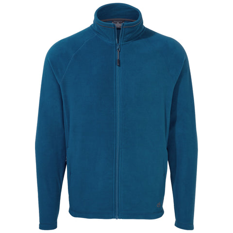 A blue fleece jacket is displayed front-facing unzipped with long sleeves highlighting a soft texture suitable for casual wear in cool environments.