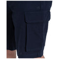 Dark navy cargo shorts feature a side pocket and contrasting stitching design, showcasing a casual style for outdoor or relaxed activities with a comfortable fit.