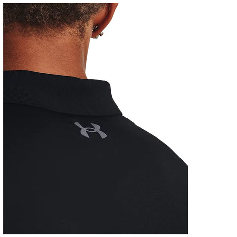 A black polo shirt is visible with a subtle logo on the back collar area the fabric appears smooth and the focus is on the collar’s design and texture