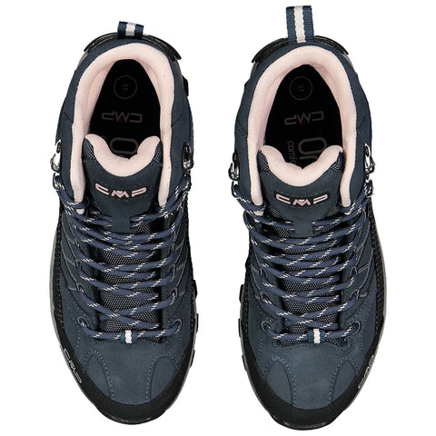 A pair of dark blue hiking shoes with a textured upper and gray laces are displayed side by side against a white background showcasing durability and design suitable for outdoor activities.