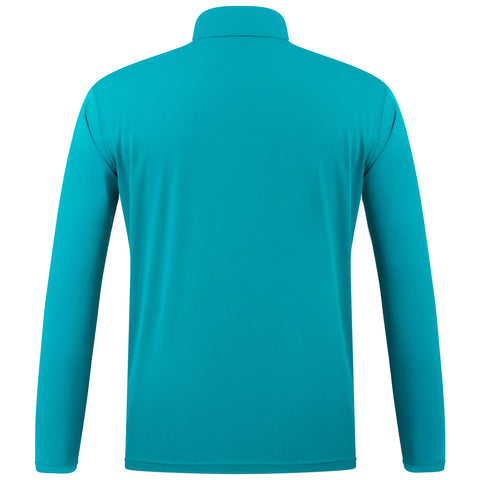 A long-sleeve turquoise shirt is displayed flat with a collar at the top its fabric has a smooth appearance and is intended for casual or athletic wear