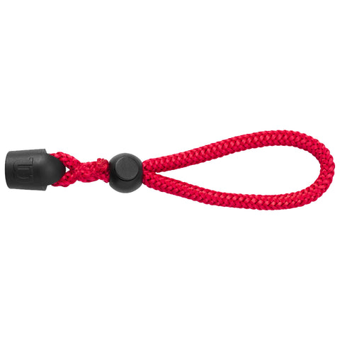 A red braided loop is securely fastened at one end with a black plastic clasp and a round button, designed for use in fastening or attaching items.