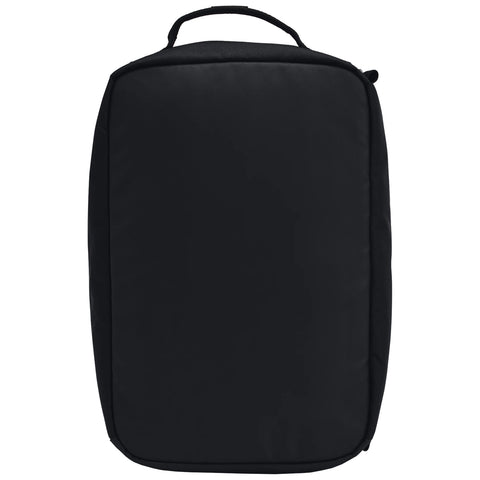 A black rectangular backpack stands upright with a top handle visible in the center indicating it is suitable for carrying. The surface appears smooth and unblemished.