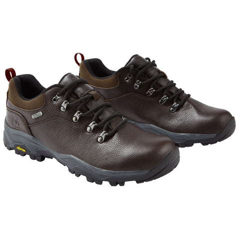 Dark brown hiking shoes are displayed side by side featuring a textured leather upper and metal eyelets for laces highlighting their rugged design suitable for outdoor activities