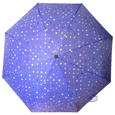 A purple umbrella with a polka dot pattern is opened wide showcasing its vibrant colors and fabric structure against a neutral background.