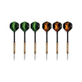 Six dart arrows are displayed in a row featuring designs of green lightning and orange flames on their fins they are set against a plain background