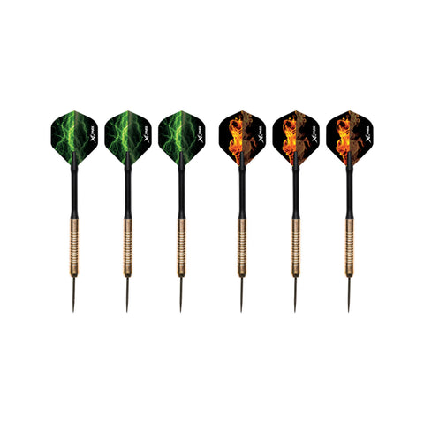 Six dart arrows are displayed in a row featuring designs of green lightning and orange flames on their fins they are set against a plain background