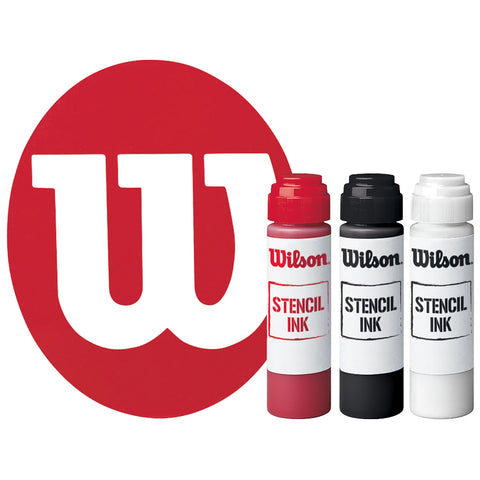 Three bottles of stencil ink in red black and white are positioned in front of a large red circle with a white letter W in the center. The brand name Wilson is visible on each bottle.