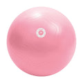 A large pink exercise ball is resting on a flat surface its textured surface provides grip while a white label in the center features a logo and markings indicating use or features.