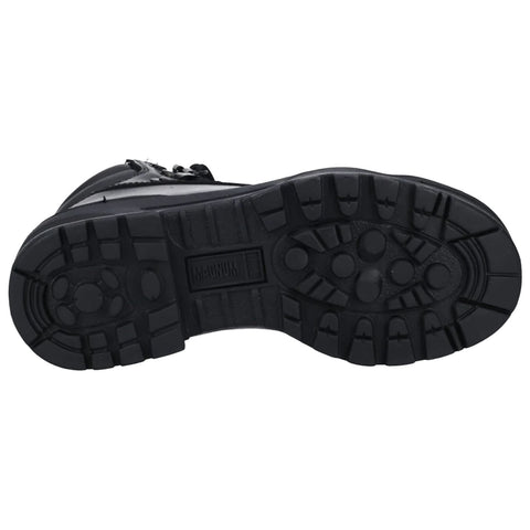 A black boot is resting on a flat surface showcasing its textured rubber sole with distinct treads designed for grip and traction in various environments.