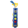 A blue plastic golf club holder stands upright with wheels showcasing three colored buttons green yellow and red along the side featuring a yellow club on top labeled as Golf Sport.