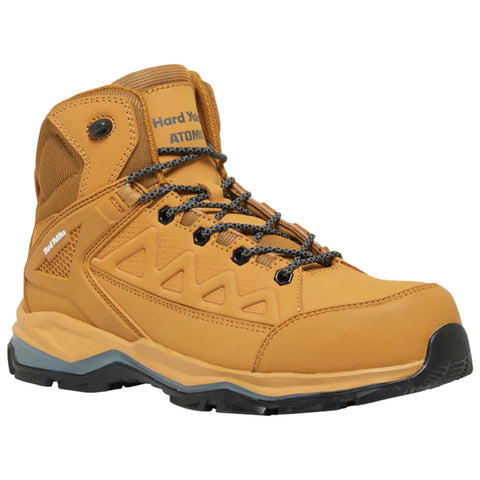 A sturdy tan hiking boot features a high ankle design with mesh panels and textured fabric detailing the sides while laces and a gripped sole support outdoor activities.