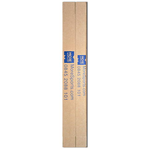 Two cardboard tubes are placed side by side revealing printed text on one side. The context suggests they might be packaging for sports equipment with a website and contact information displayed.