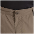 A pair of khaki pants is fastened at the waist with a button and a zipper visible in the center showing the fabric's texture and folds against a dark striped background.