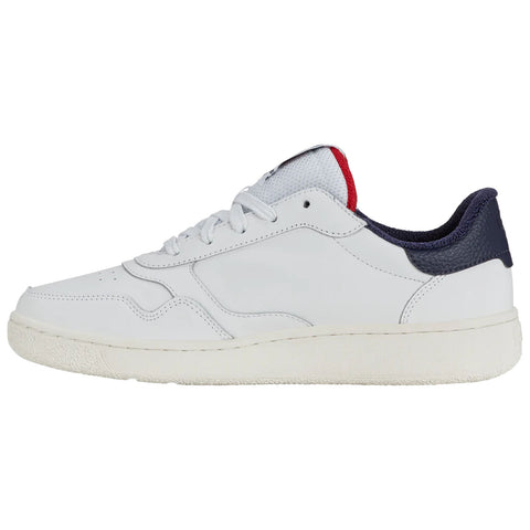 A white sneaker with a smooth leather upper features grey laces and a textured sole. The heel has a navy accent while the interior has a red detailing.