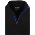 A black quarter-zip jacket with a blue trim at the collar is displayed flat. The zipper is partially open, revealing a mesh lining inside. The label states PROQUIP AQUA LITE in various sizes.