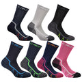 A collection of six colorful athletic socks is arranged in two rows showcasing various colors including black white navy pink and striped designs emphasizing their cushioning and support features for sports activities.