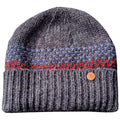 A knitted gray beanie with a decorative pattern of blue and red triangles along the band rests flat on a white background showcasing its ribbed texture and a small circular logo tag.