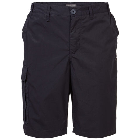 Black cargo shorts with a button closure hang vertically in a neutral background showcasing functionality and style designed for casual outdoor wear with side pockets for storage.