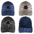 Four caps arranged in a grid feature a four-leaf clover logo. They display different camouflage patterns and colors including blue gray and black against a plain background.