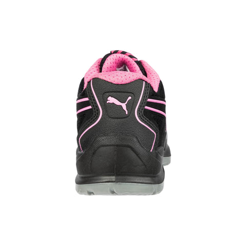 A black sneaker with pink accents stands upright showcasing the heel and back view in a neutral setting highlighting the Puma logo and design features.