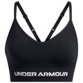 A black sports bra with adjustable straps features a wide band displaying the logo Under Armour across the front designed for athletic wear and support during physical activities.