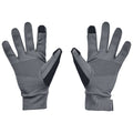 Gray gloves are displayed with fingers extended showcasing textured grip sections and elastic cuffs designed for functionality in outdoor or athletic activities. The overall design emphasizes flexibility and comfort.