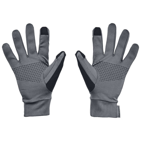 Gray gloves are displayed with fingers extended showcasing textured grip sections and elastic cuffs designed for functionality in outdoor or athletic activities. The overall design emphasizes flexibility and comfort.