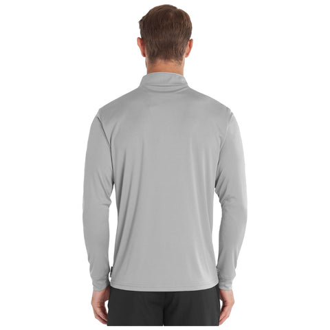 A gray long-sleeved shirt is displayed with the back view showing a collar and smooth fabric against a plain background suggesting a simple clothing product presentation.