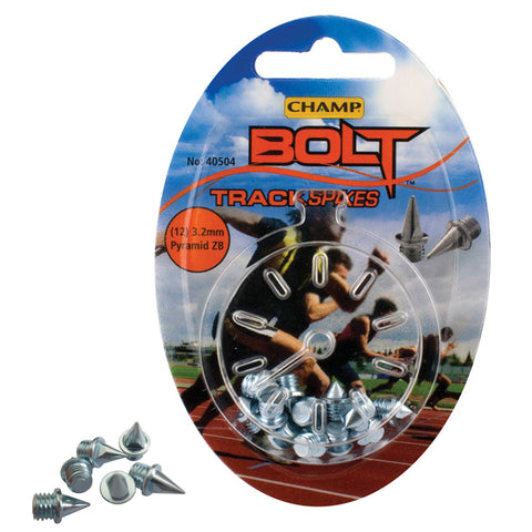 A circular plastic package contains shiny metal track spikes designed for athletic shoes with a display of runners in action on a track field in the background.