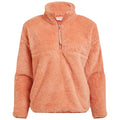 A soft orange fleece pullover features a half zip at the front with a high collar and wide sleeves designed for warmth and comfort in casual settings.