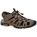 A brown hiking sandal features cut-out designs for ventilation securely fastened with an adjustable bungee cord and a textured rubber sole suitable for outdoor activities.