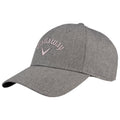 A gray cap with a textured fabric features the word Callaway in light pink lettering and a swoosh logo on the front showcasing a casual sports accessory suitable for outdoor activities.