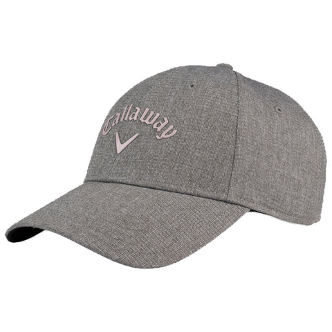 A gray cap with a textured fabric features the word Callaway in light pink lettering and a swoosh logo on the front showcasing a casual sports accessory suitable for outdoor activities.