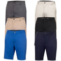 Six pairs of golf shorts are displayed in various colors including gray beige black blue and navy stacked vertically with the brand label Calvin Klein Golf visible at the waist.