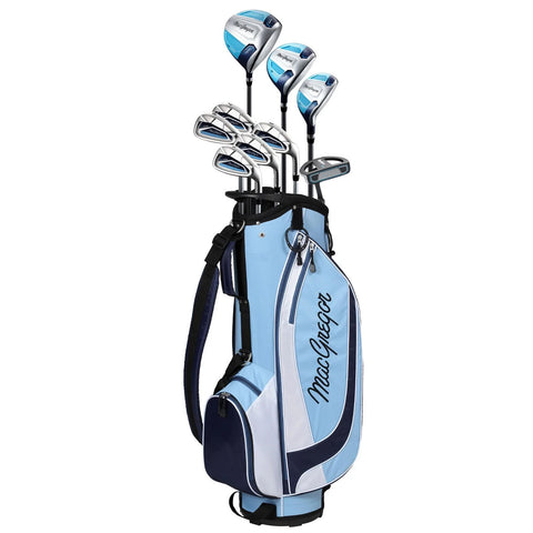 A golf bag stands upright containing various golf clubs with metallic heads showcasing blue accents while set against a plain background suggesting readiness for a game.