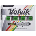 A box of golf balls contains four vibrant green Volvik balls labeled as VIVID showcasing a matte finish the box is designed with bright colors and product information.