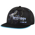 A black cap features a graphic of a roaring dinosaur surrounded by lightning bolts and the word DESTROY in bold stylized text along with the brand SKX positioned below.