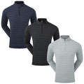 Three long-sleeve shirts are displayed side by side featuring horizontal stripes. Each shirt has a zippered neckline and is in different color shades of navy blue black and light gray.