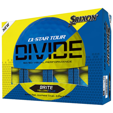 A golf ball packaging box features bold graphics with a large half blue and half yellow ball illustration labeled with Srixon branding and product details highlighting the 50/50 visual performance and three-piece construction.