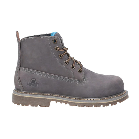 A gray ankle boot is displayed standing upright The boot features brown laces and a rugged sole designed for durability It has a simple and sturdy design suitable for outdoor use