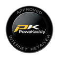 A circular badge with a black background displays the logo for PowaKaddy in yellow and white text indicating it is an approved internet retailer.