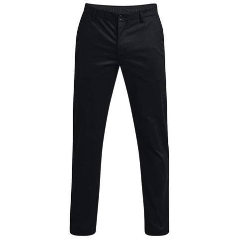 Black golf chinos are displayed upright, featuring a straight-leg design with a flat front and button closure. They are set against a plain white background, highlighting their versatility and refined appeal.