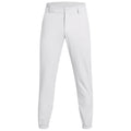 White pants with a slim fit and elastic cuffs are displayed standing upright against a neutral background showcasing a simple and clean design suitable for casual or athletic wear.